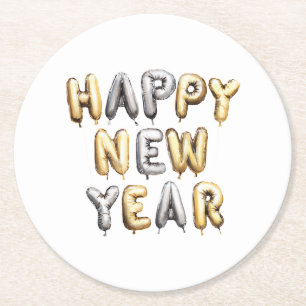 Gold Grey Happy New Year Round Paper Coaster