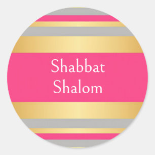 Gold Grey Hot Pink Stripes, Shabbat Shalom Classic Round Sticker