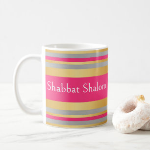 Gold Grey Hot Pink Stripes, Shabbat Shalom Coffee Mug