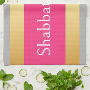 Gold Grey Hot Pink Stripes, Shabbat Shalom Glam Tea Towel