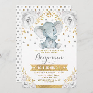 Gold Grey Jungle Elephant 1st Birthday Party Invitation