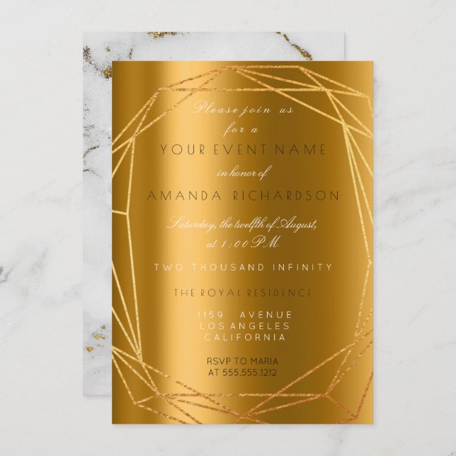 Gold Grey Marble Stone Birthday Diamond Frame Invitation (Front/Back)