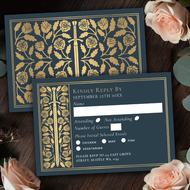 Gold Grey Mediaeval Sword Wedding RSVP Card (Creator Uploaded)