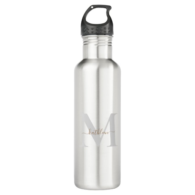 Gold & Grey Monogram& Name Swash Script  710 Ml Water Bottle (Front)