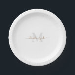 Gold & Grey Monogram & Script Names  Paper Plate<br><div class="desc">Modern Grey Initial and Gold Names paper plate.  Combo font.  Swash.  Simple.  Wedding gift.</div>
