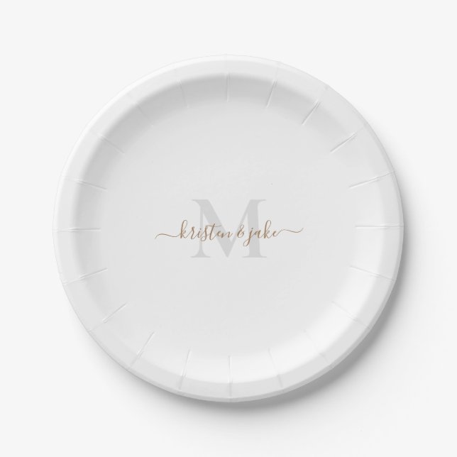 Gold & Grey Monogram & Script Names  Paper Plate (Front)