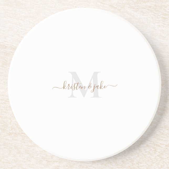 Gold & Grey Monogram & Script Names Round Coaster (Front)