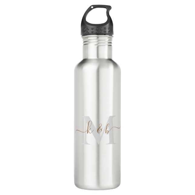 Gold & Grey Monogram Swash Script 710 Ml Water Bottle (Front)