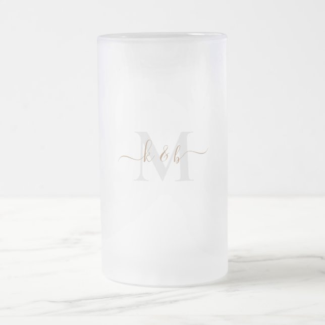 Gold & Grey Monogram Swash Script  Frosted Glass Beer Mug (Center)