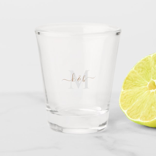Gold & Grey Monogram Swash Script Shot Glass (Front)