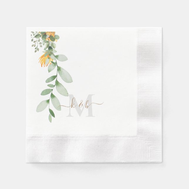 Gold & Grey Monogram Swash Script Sunflower Napkin (Front)