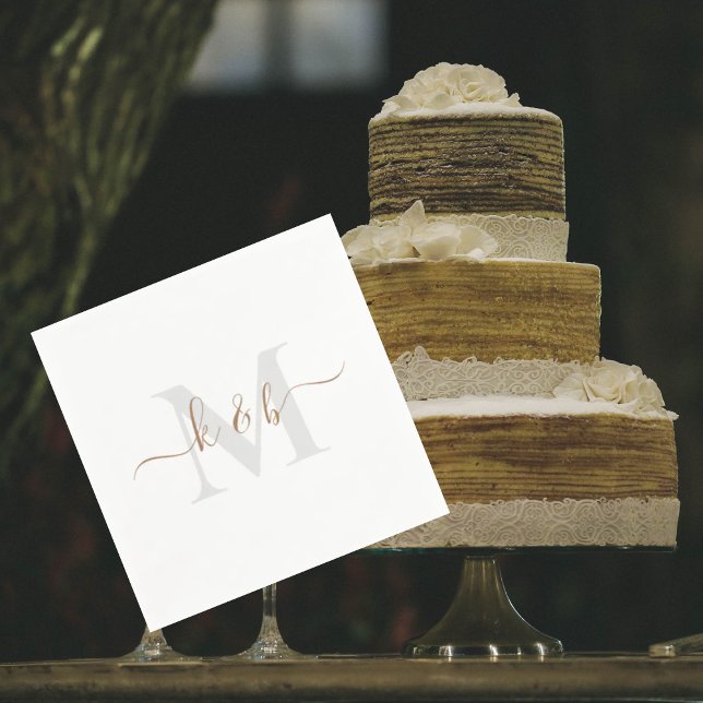 Gold & Grey Monogram Swash Script White Cocktail  Napkin (Creator Uploaded)