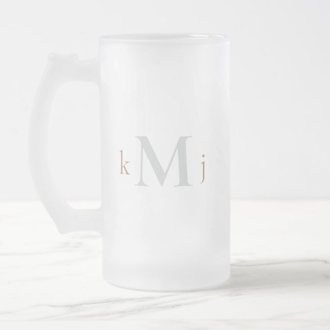 Gold & Grey Monogram Wedding  Frosted Glass Beer Mug (Left)