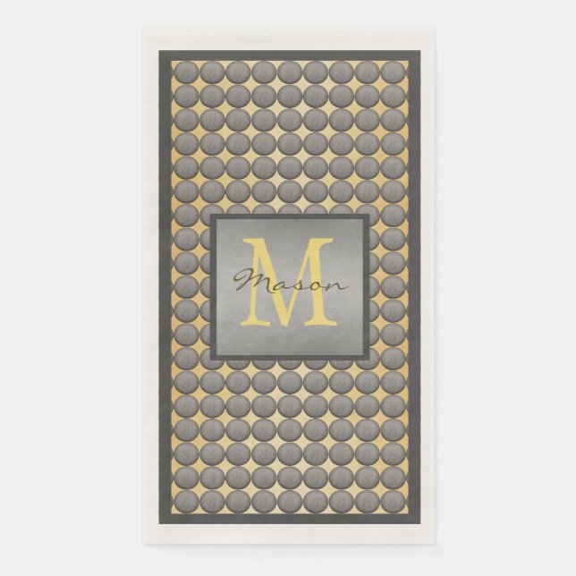 Gold & Grey Polka Dot Pattern Monogram Napkin (Front)