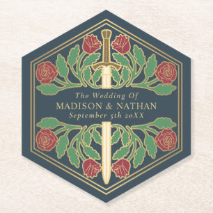 Gold Grey Royal Mediaeval Floral Sword Wedding Paper Coaster