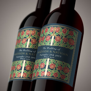 Gold Grey Royal Mediaeval Floral Sword Wedding Wine Label