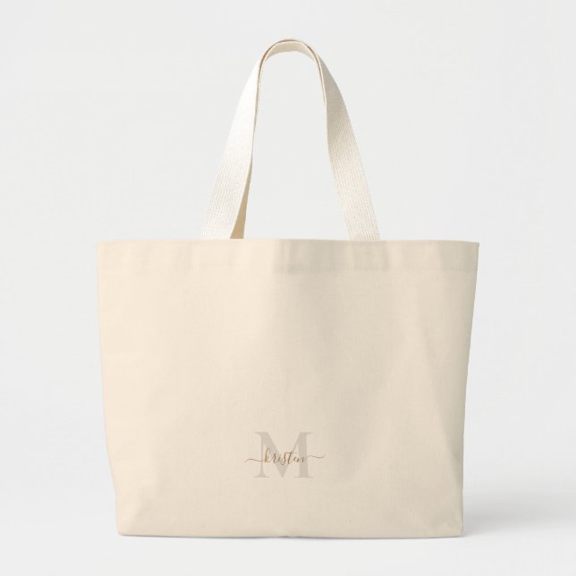 Gold & Grey Script Monogram Neutral Large Tote Bag (Front)