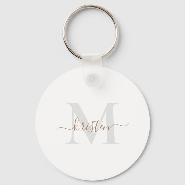Gold & Grey Script Monogram White  Key Ring (Front)