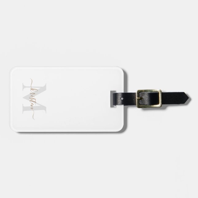 Gold & Grey Script Monogram White Luggage Tag (Front Horizontal)