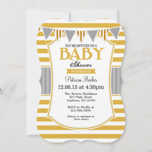 Gold Grey Stripes Baby Shower Invitation