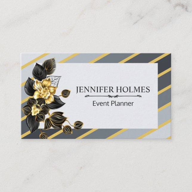Gold Grey Stripes Golden Black Orchid Floral Business Card (Front)