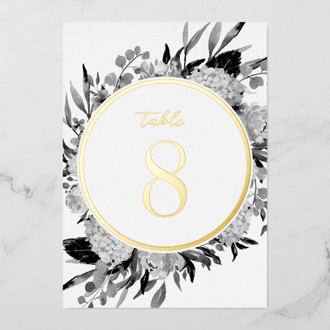 Gold Grey Watercolor Floral Wedding Table Number (Front)