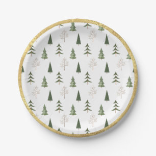Gold Grunge Hand Drawn Pine Tree Christmas Paper Plate