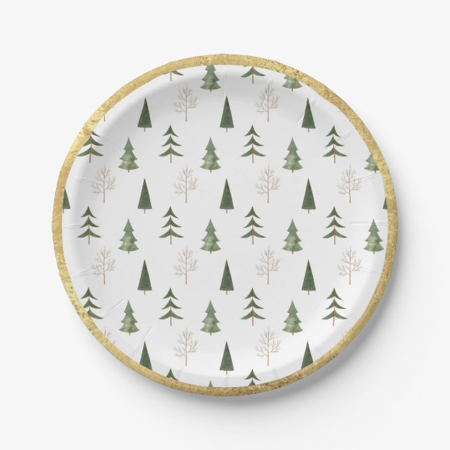 Gold Grunge Hand Drawn Pine Tree Christmas Paper Plate (Front)
