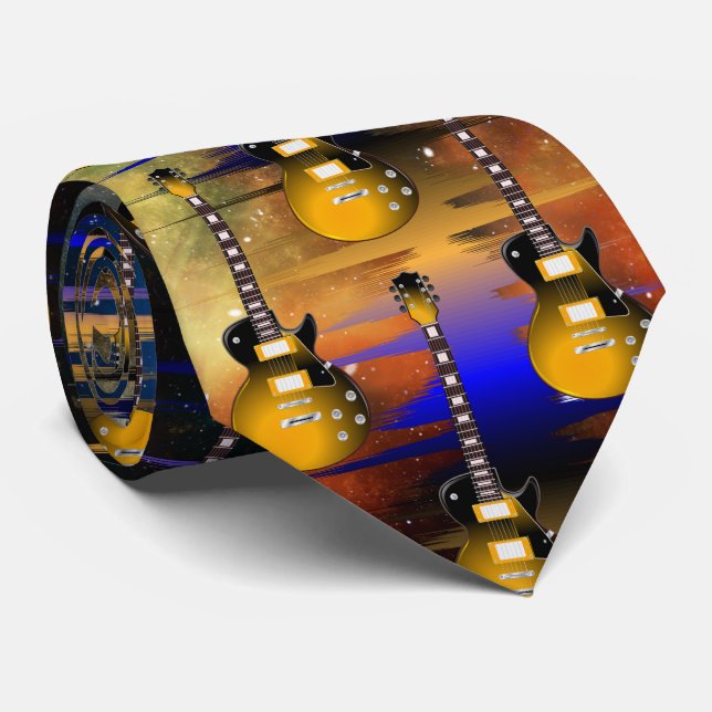 Gold Guitar and Music Sound Wave Tie (Rolled)
