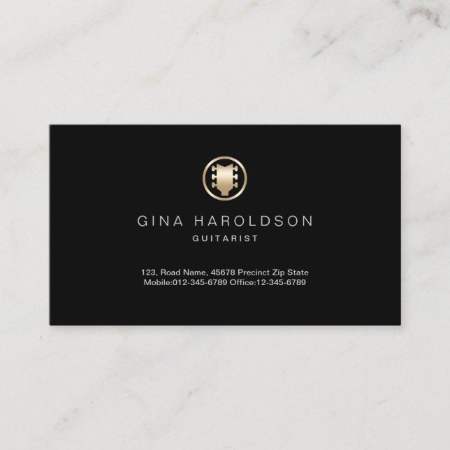 Gold Guitar Headstock Icon Guitarist Business Card (Front)