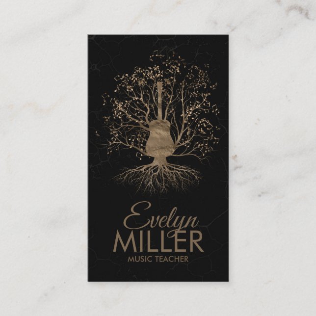 Gold Guitar Music Tree on black marble Business Card (Front)