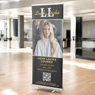 Gold Hair Salon QR Code Business Monogram Photo Retractable Banner