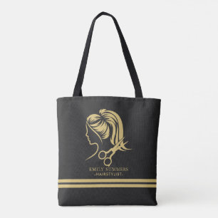 Gold hair stylist logo custom text tote bag