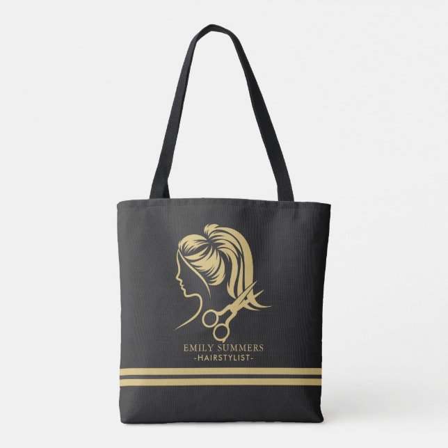 Gold hair stylist logo custom text tote bag (Back)