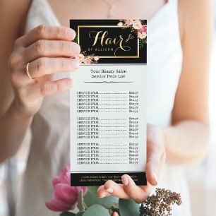 Gold Hair Stylist Scissors Pink Floral Price List Rack Card