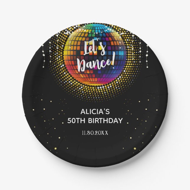 Gold Halftone Colourful Disco Ball Birthday Party Paper Plate (Front)