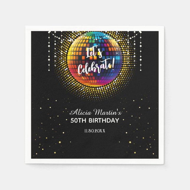 Gold Halftone Disco Ball Let's Celebrate Birthday Napkin (Front)