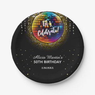 Gold Halftone Disco Ball Let's Celebrate Birthday Paper Plate