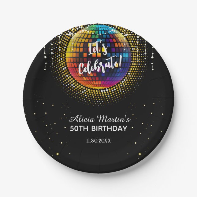 Gold Halftone Disco Ball Let's Celebrate Birthday Paper Plate (Front)