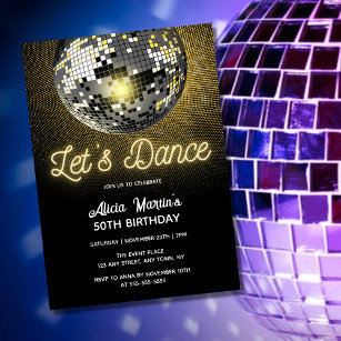 Gold Halftone Disco Ball Let's Dance Birthday Invitation