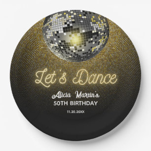 Gold Halftone Disco Ball Let's Dance Birthday Paper Plate
