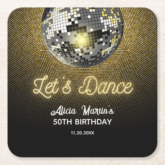 Gold Halftone Disco Ball Let's Dance Birthday Square Paper Coaster (Front)