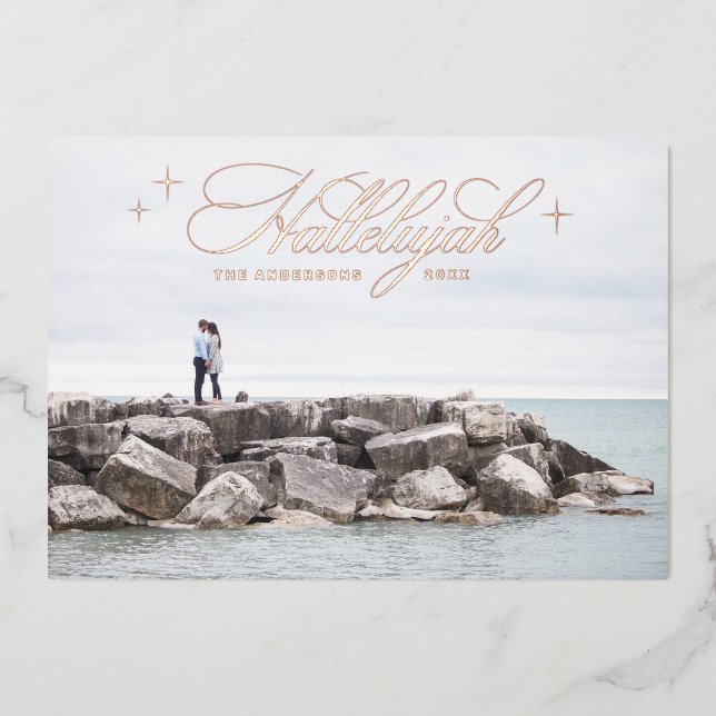 Gold Hallelujah Christmas. Elegant Religious Photo Foil Holiday Card (Front)