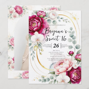 Gold Halo Garden Peonies & Orchids Floral Sweet 16 Invitation