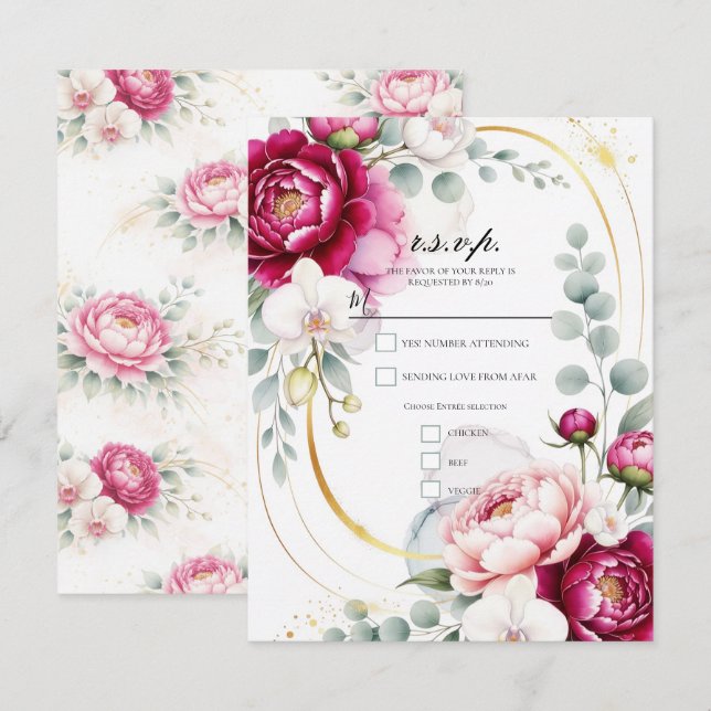 Gold Halo Garden Peonies & Orchids Floral Wedding  Invitation (Front/Back)