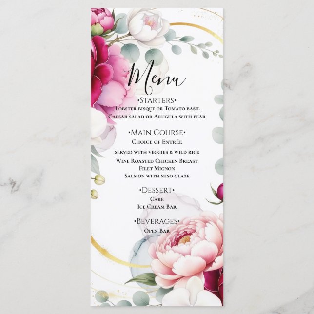 Gold Halo Garden Peonies & Orchids Floral Wedding  Menu (Front)