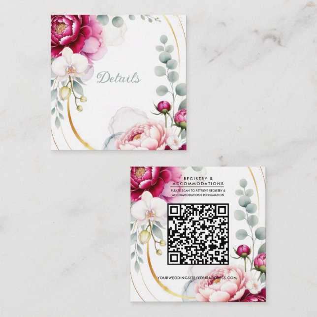 Gold Halo Garden Peonies & Orchids Wedding Details Square Business Card (Front/Back)