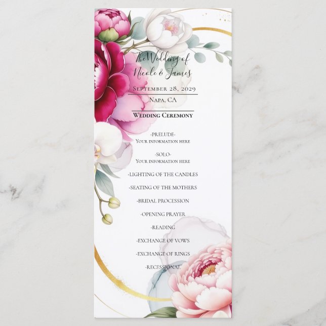 Gold Halo Garden Peonies & Orchids Wedding Program Menu (Front)