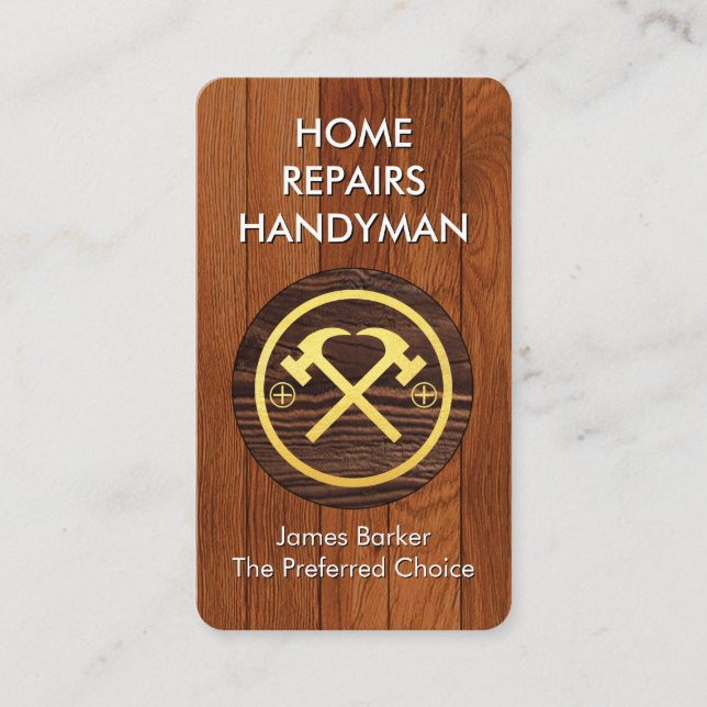 Gold Hammer Crest On Timber Wood Business Card (Front)