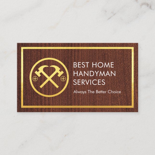 Gold Hammer On Timber Gold Borders Business Card (Front)